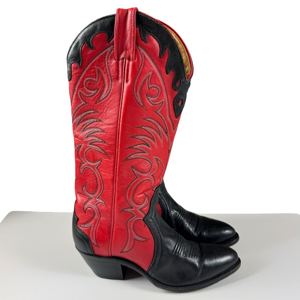 Vintage Boulet Cowboy Boots Dual Tone Red & Black Womens Size 6 C Western